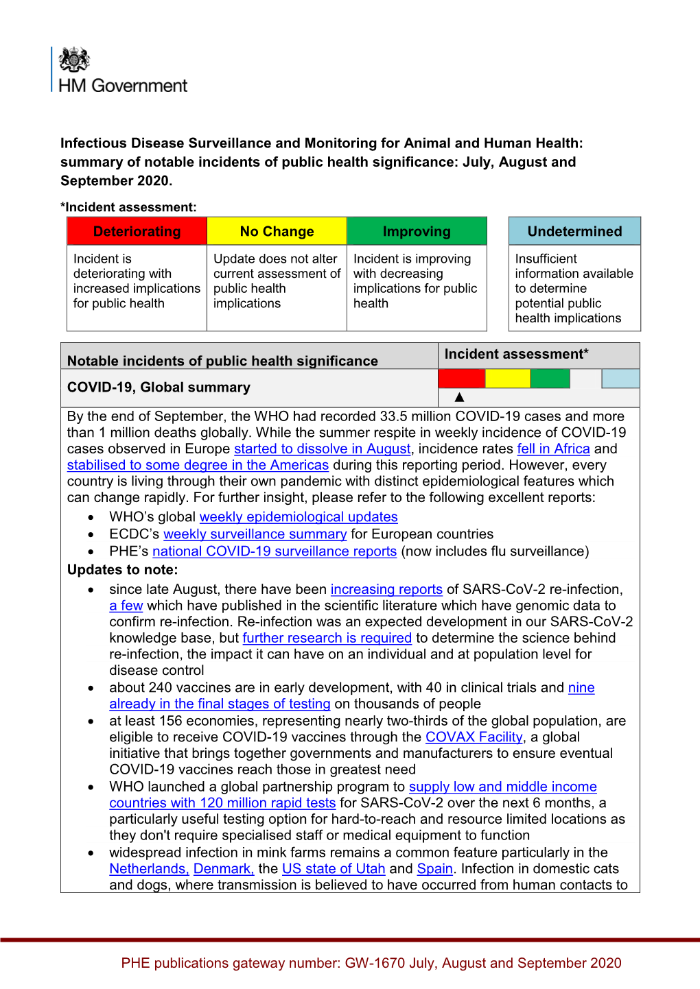 Emerging Infections Summary – July, August and September 2020 Routine Immunisation Levels and Has Been Inaccessible to the Polio Programme for More Than 2 Years