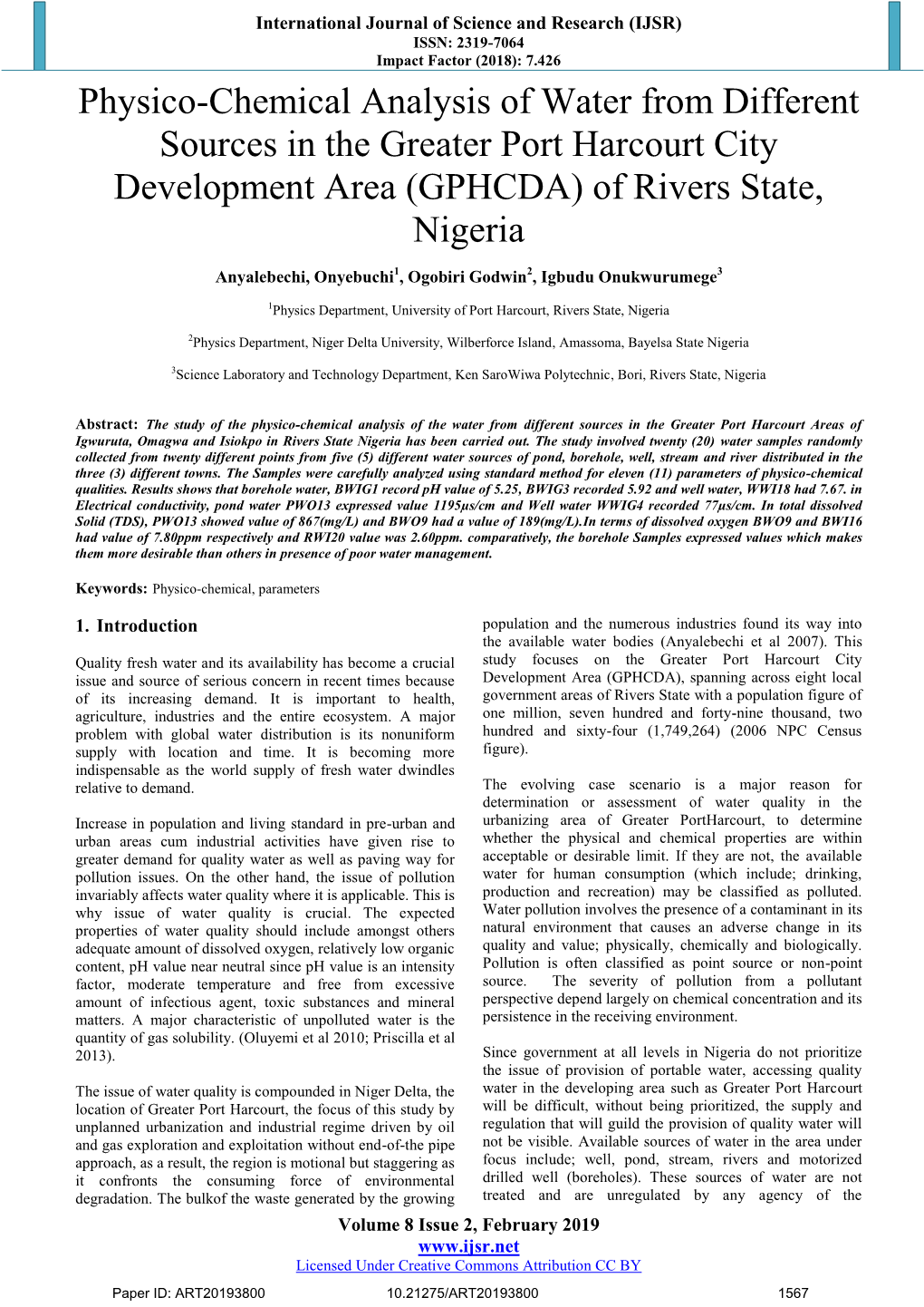 Physico-Chemical Analysis of Water from Different Sources in the Greater Port Harcourt City Development Area (GPHCDA) of Rivers State, Nigeria