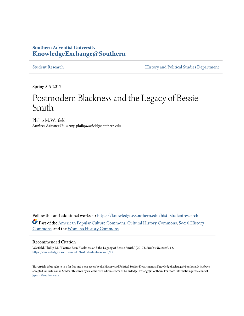 Postmodern Blackness and the Legacy of Bessie Smith Phillip M