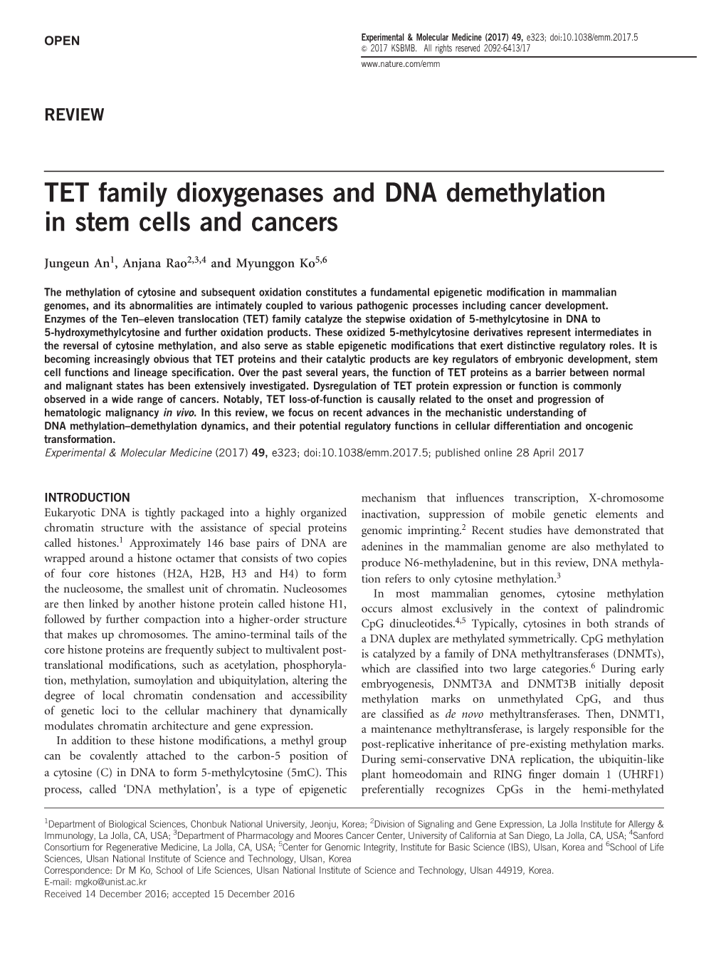 TET Family Dioxygenases and DNA Demethylation in Stem Cells and Cancers