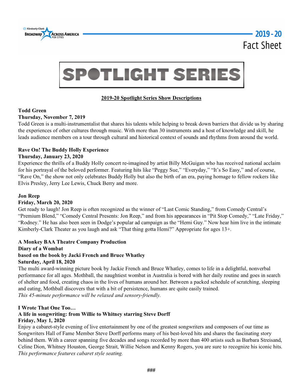 Spotlight Series Show Descriptions