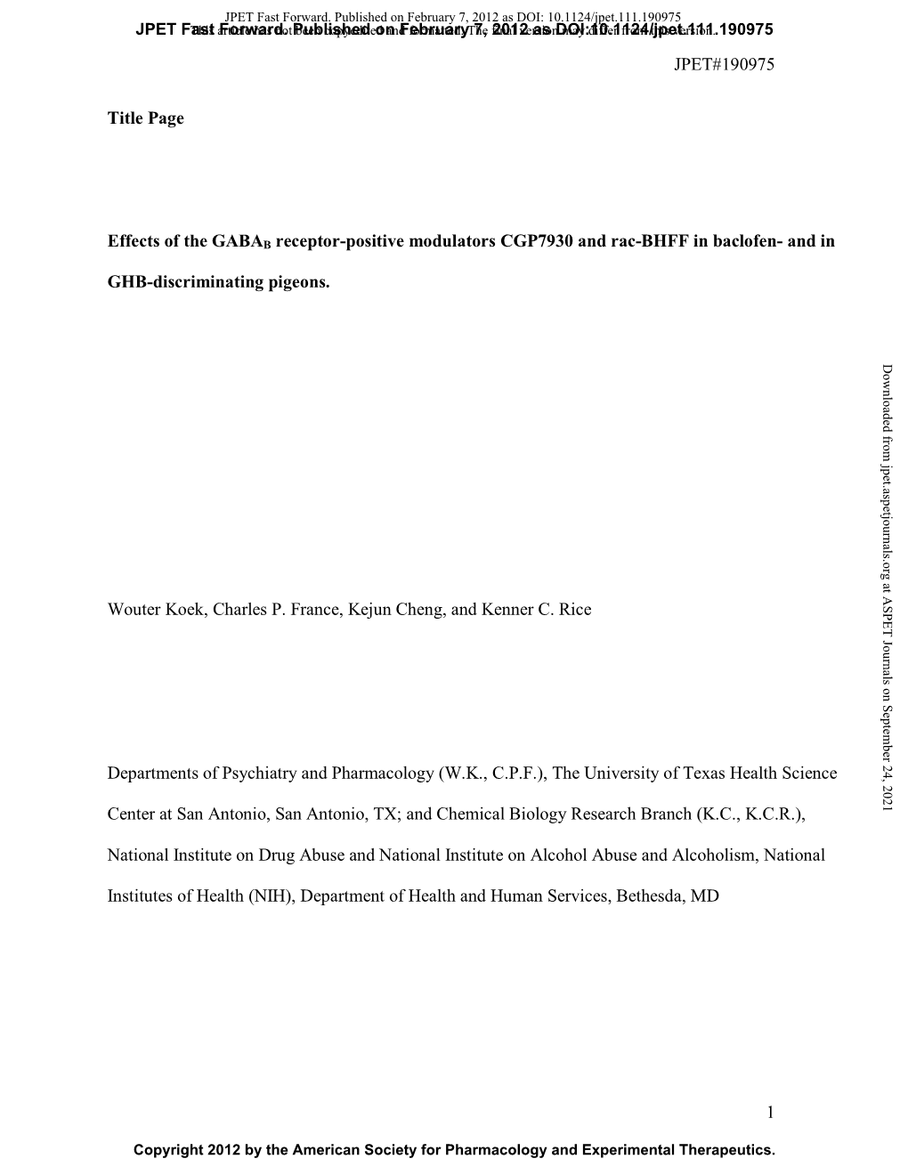 JPET#190975 1 Title Page Effects of the GABAB Receptor-Positive