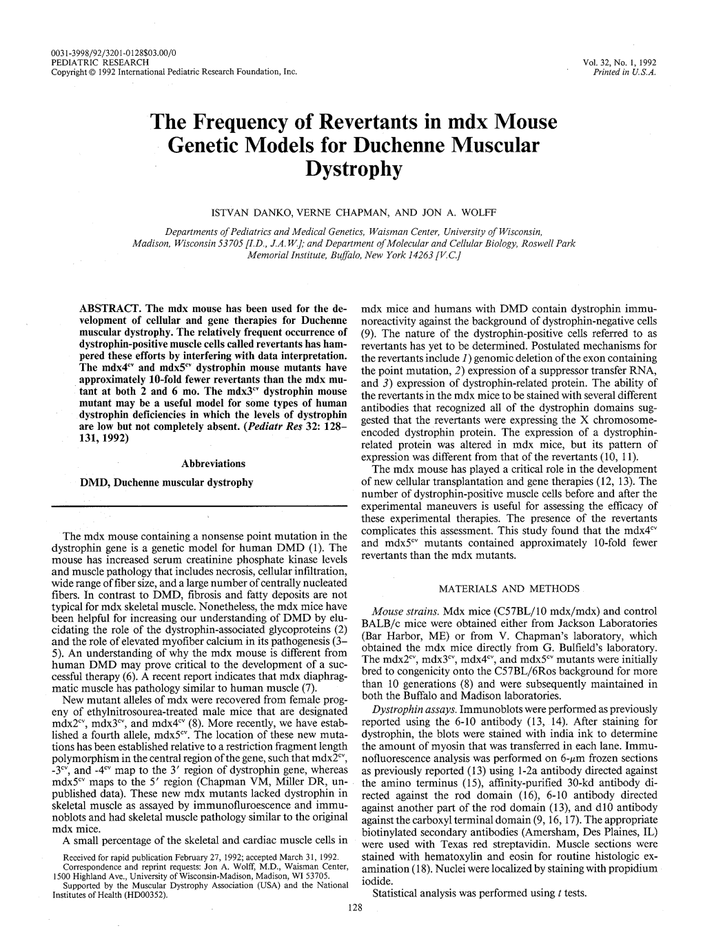 The Frequency of Revertants in Rndx Mouse Genetic Models for Duchenne Muscular Dystrophy