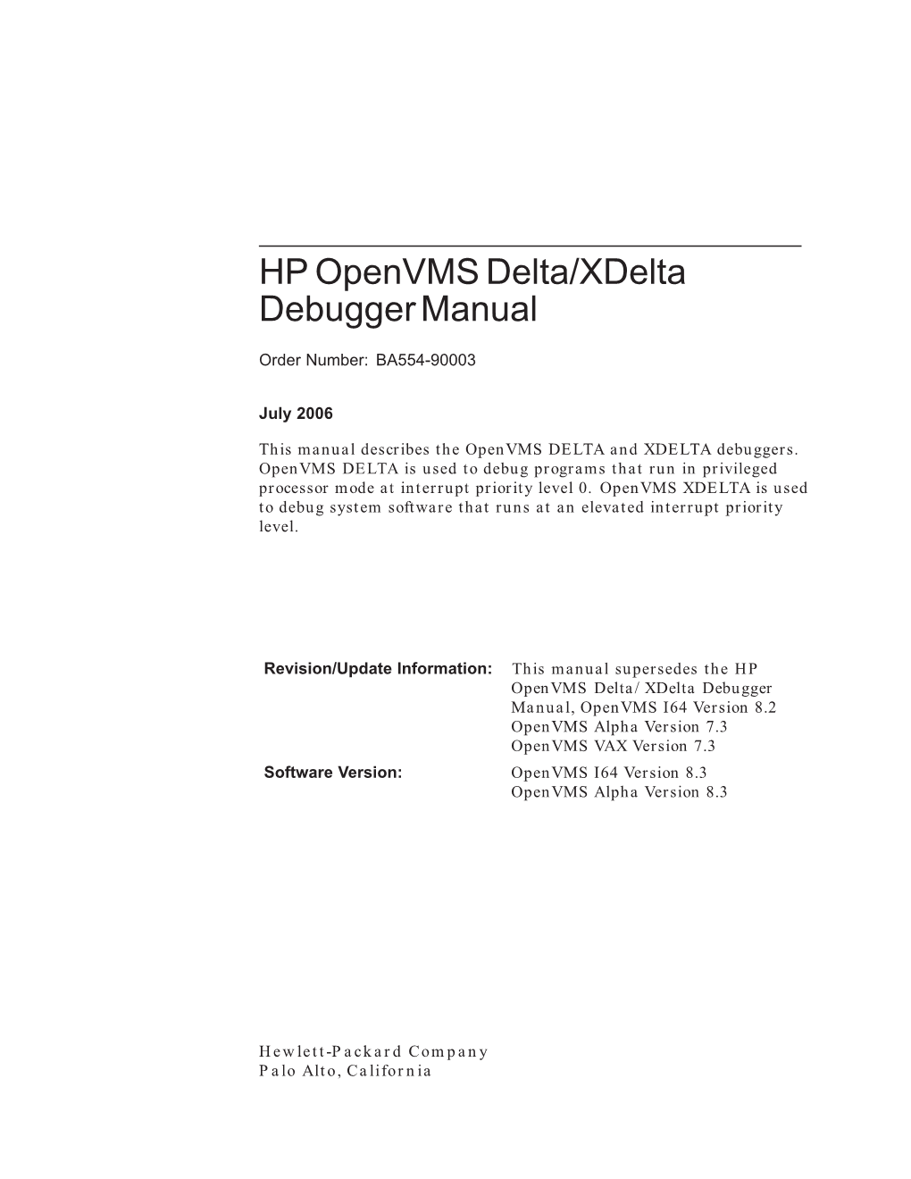 HP Openvms Delta/Xdelta Debugger Manual