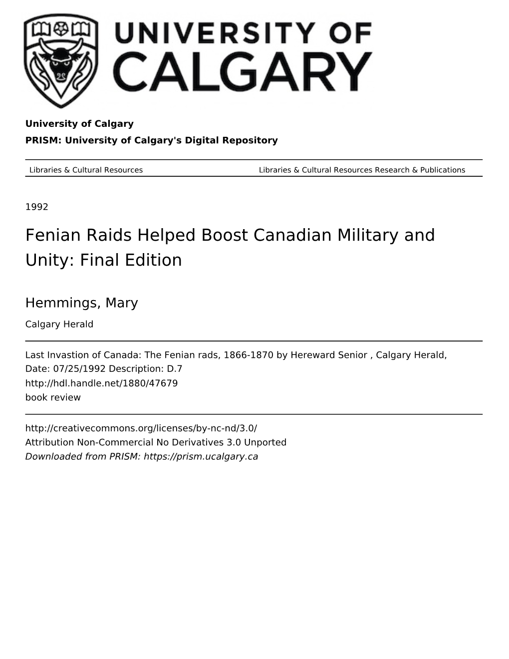 Fenian Raids Helped Boost Canadian Military and Unity: Final Edition
