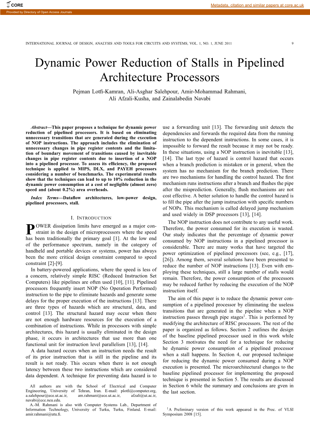 Dynamic Power Reduction of Stalls in Pipelined Architecture Processors