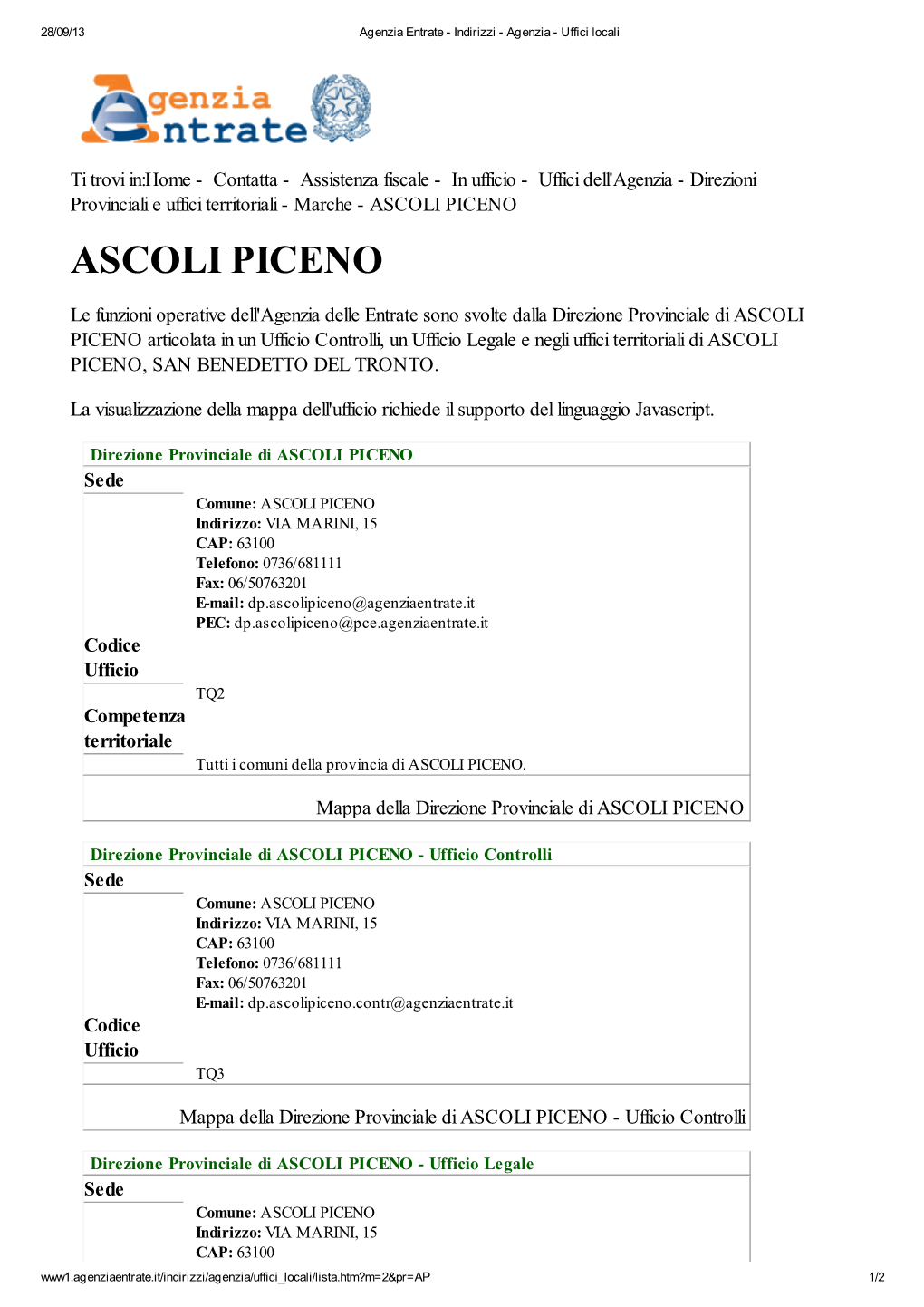 Codici Uffici Agenzia Delle Entrate Della Provincia Di Ascoli Piceno