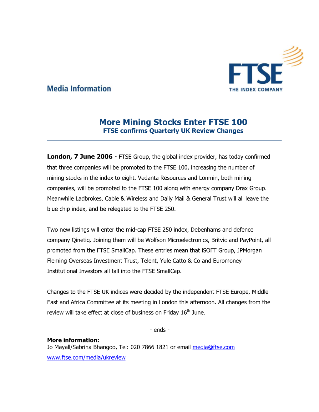 Mining Stocks Enter FTSE 100 FTSE Confirms Quarterly UK Review Changes