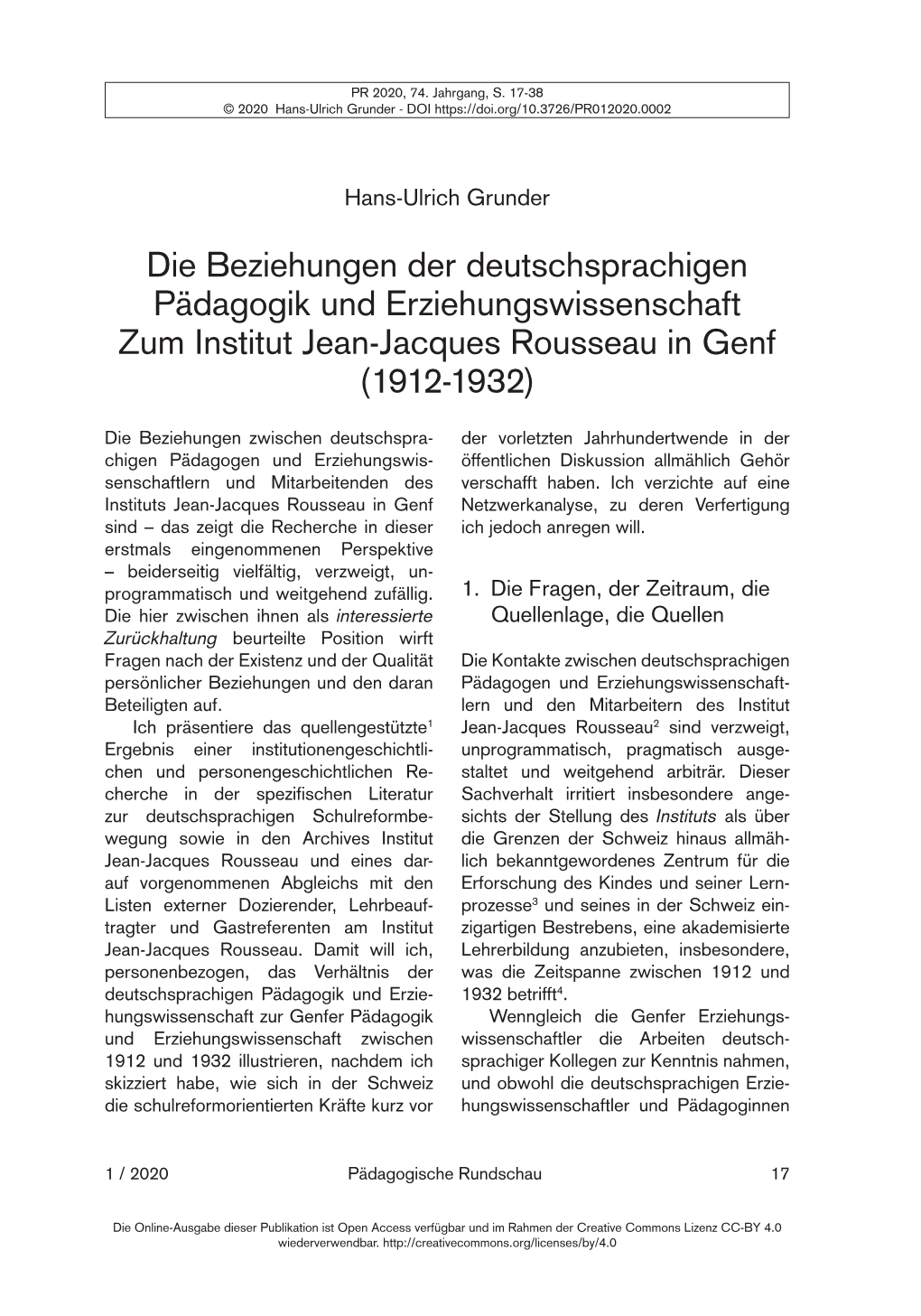 Die Beziehungen Der Deutschsprachigen Pädagogik Und Erziehungswissenschaft Zum Institut Jean-Jacques Rousseau in Genf (1912-1932)