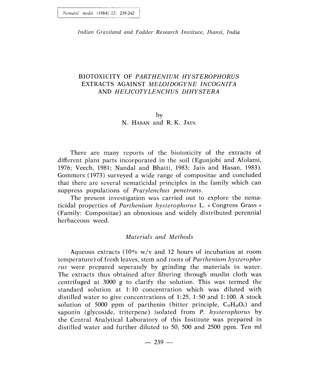 Biotoxicity of Parthenium Hysterophorus Extracts Against Meloidogyne Incognita and Helicotylenchus Dihystera