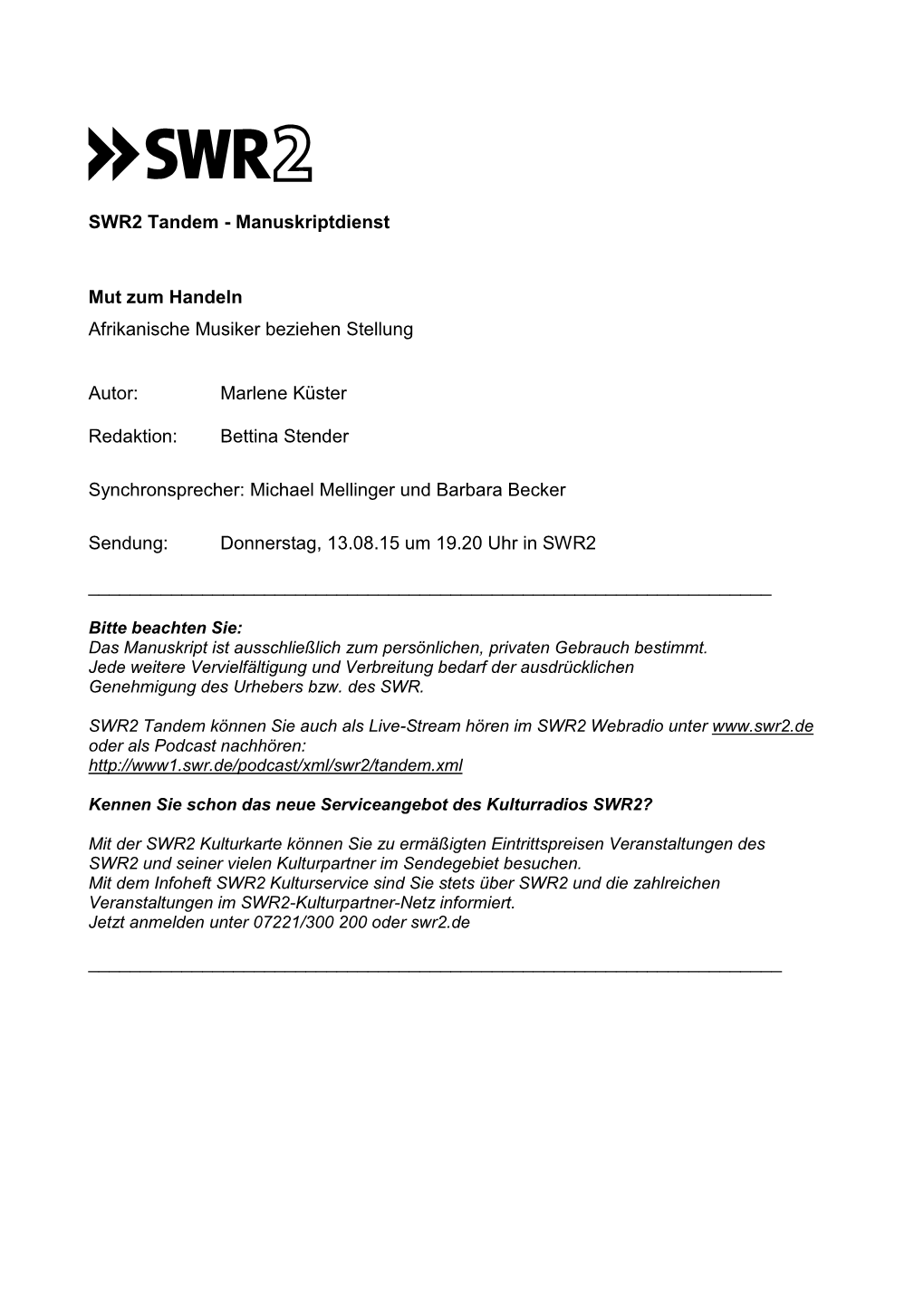 SWR2 Tandem - Manuskriptdienst