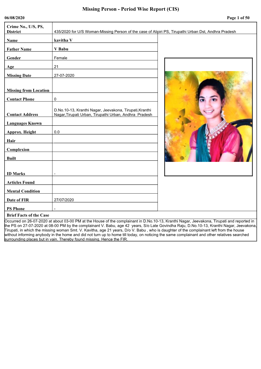 Missing Person - Period Wise Report (CIS) 06/08/2020 Page 1 of 50