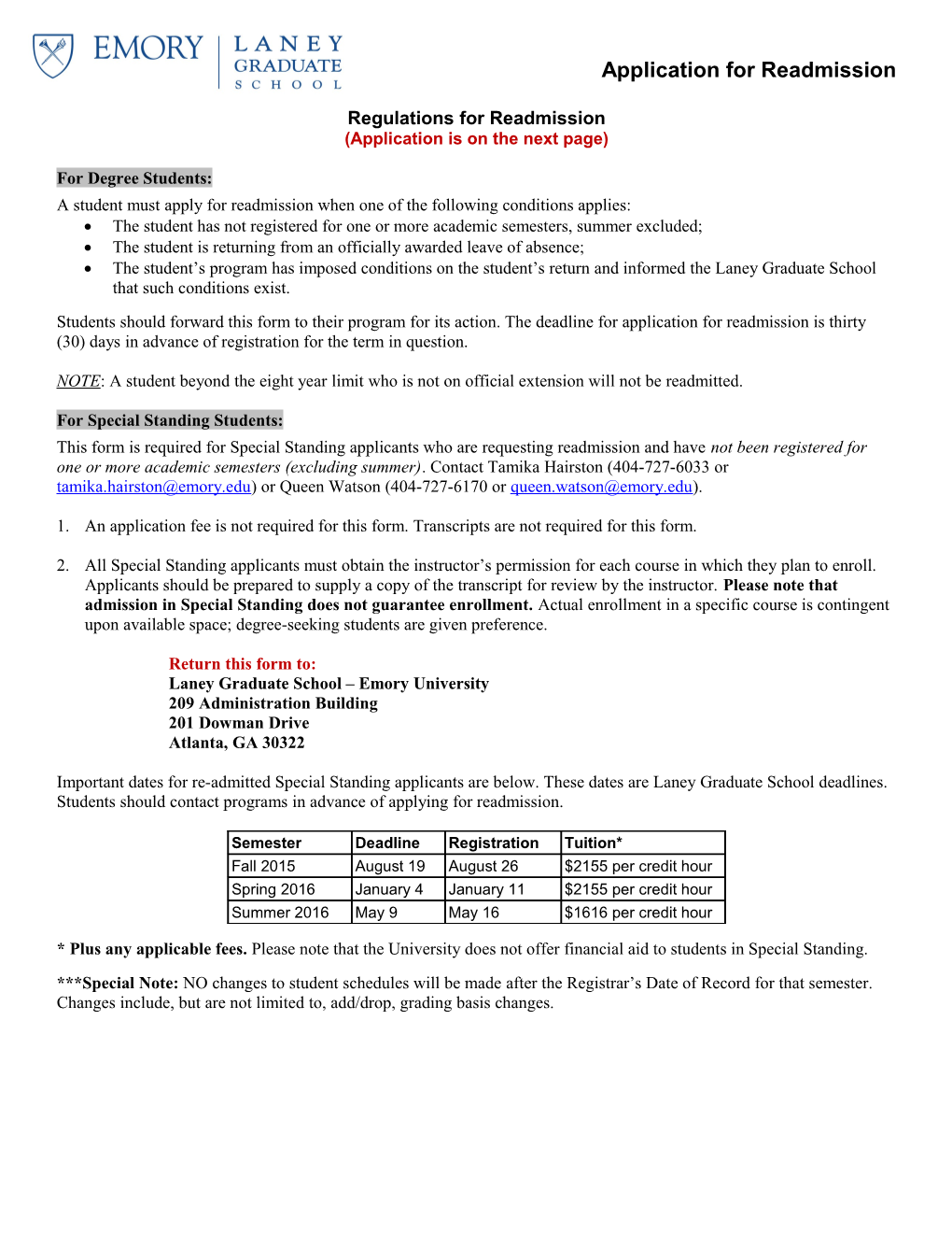 Regulations for Readmission (Application Is on the Next Page)