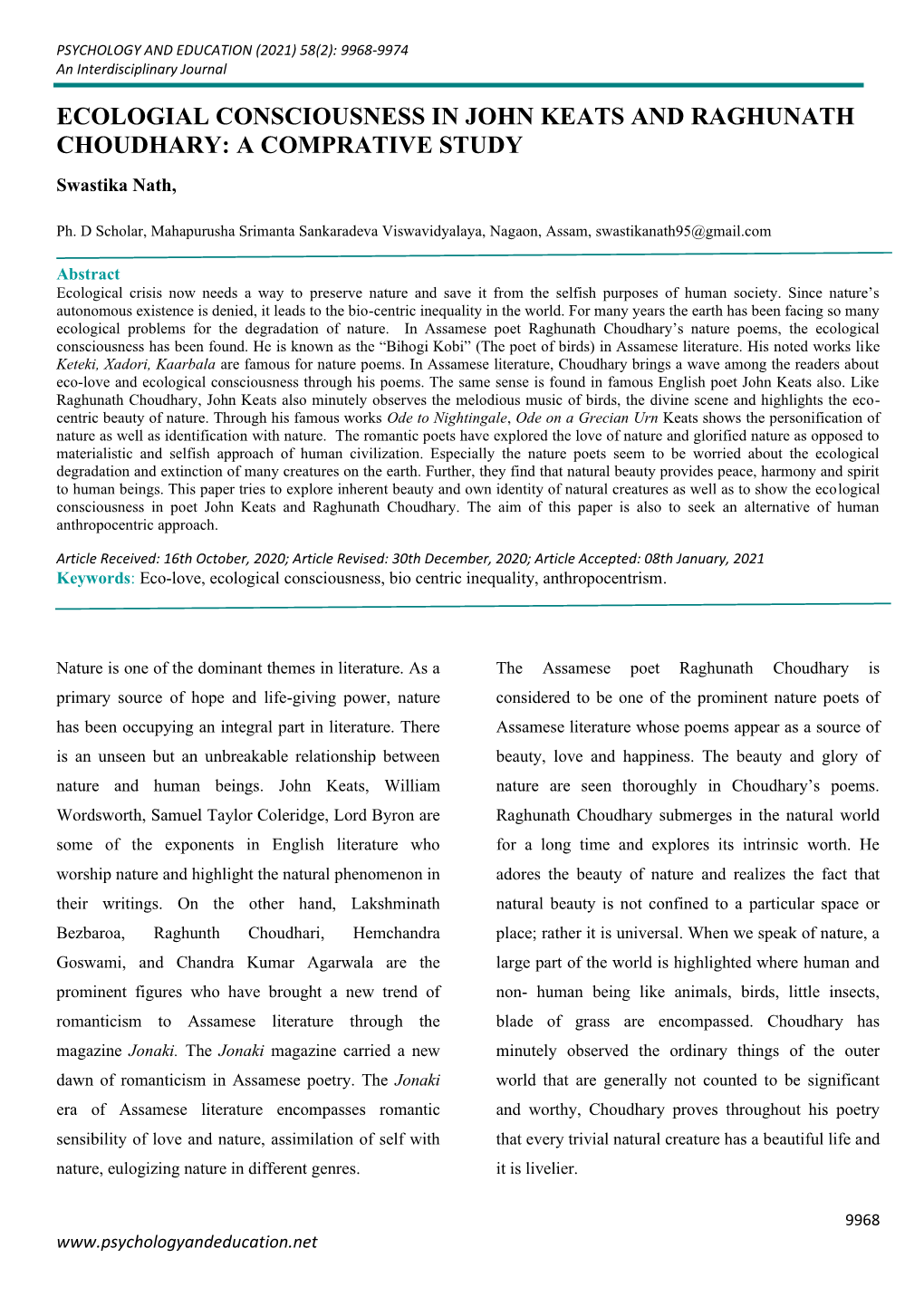 ECOLOGIAL CONSCIOUSNESS in JOHN KEATS and RAGHUNATH CHOUDHARY: a COMPRATIVE STUDY Swastika Nath