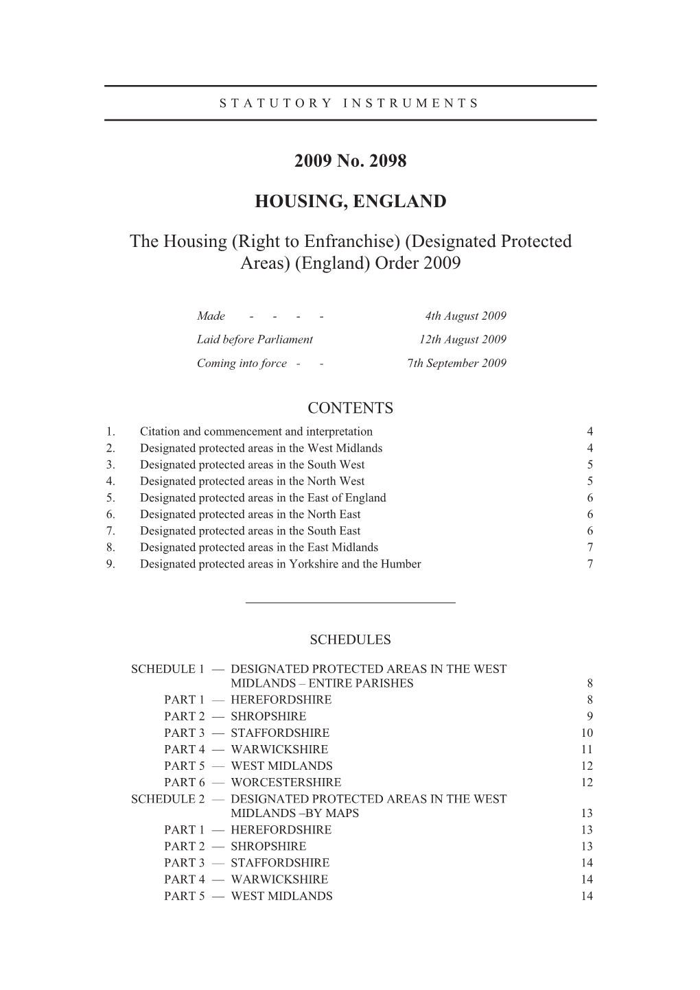 Designated Protected Areas) (England) Order 2009