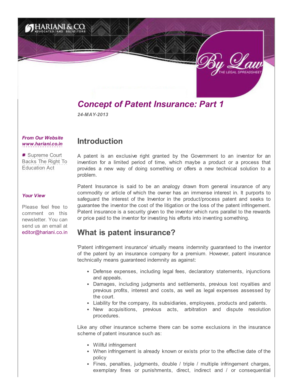 Concept of Patent Insurance: Part 1 24-MAY-2013