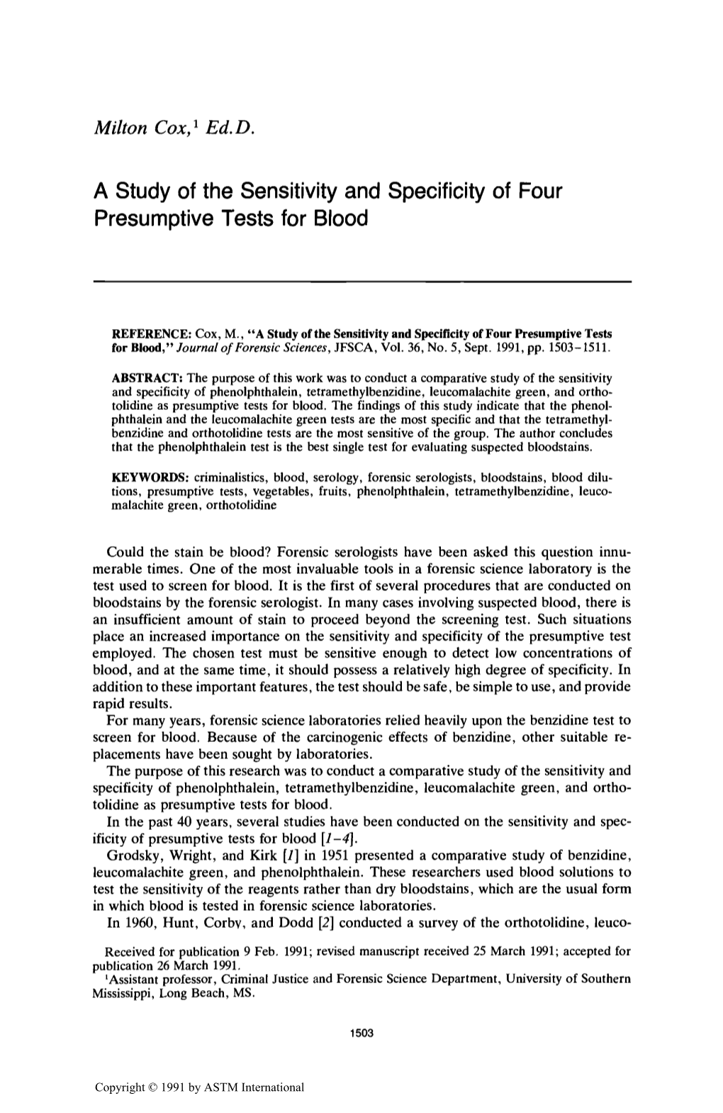 A Study of the Sensitivity and Specificity of Four Presumptive Tests for Blood