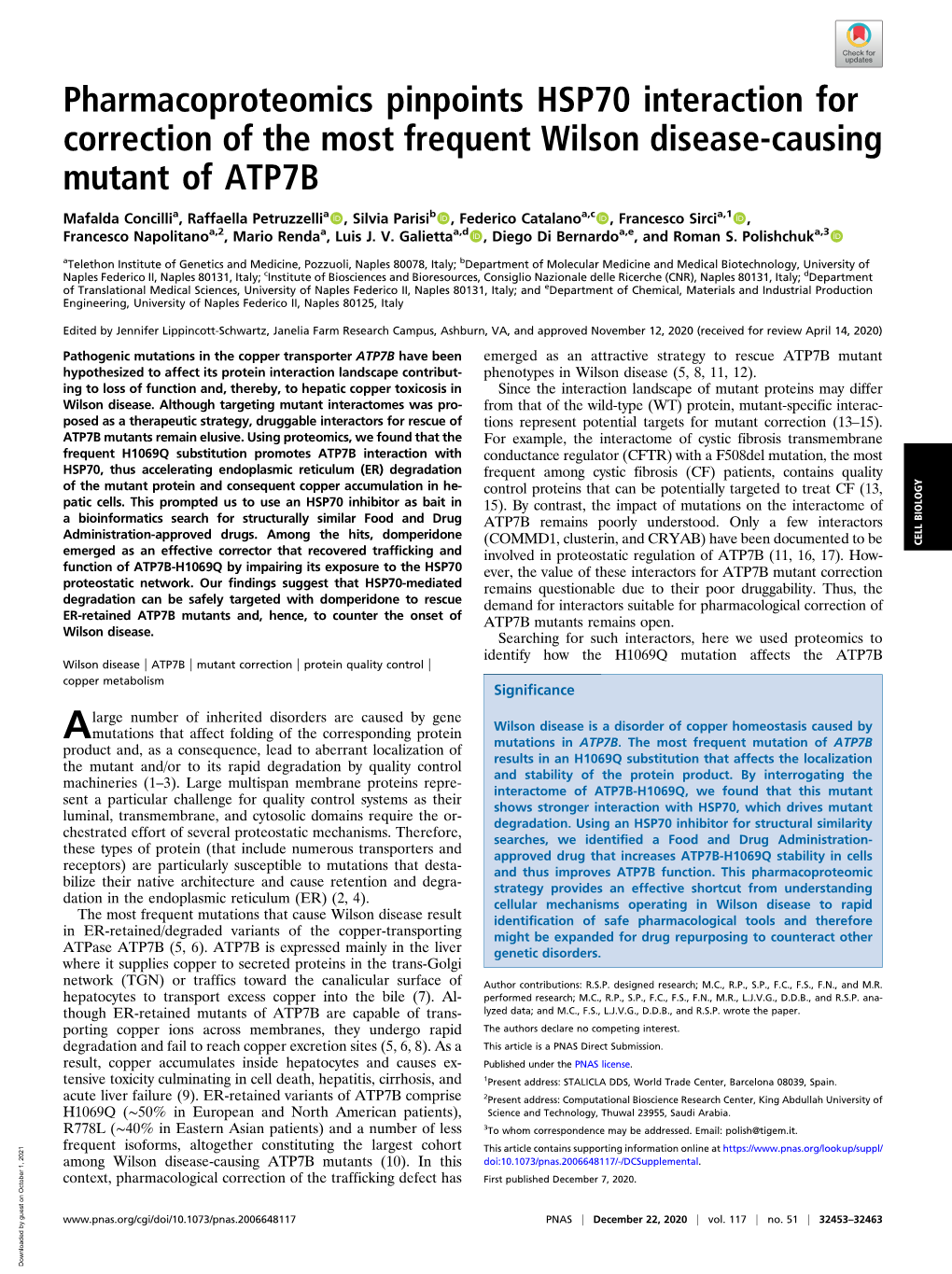 Pharmacoproteomics Pinpoints HSP70 Interaction for Correction of the Most Frequent Wilson Disease-Causing Mutant of ATP7B