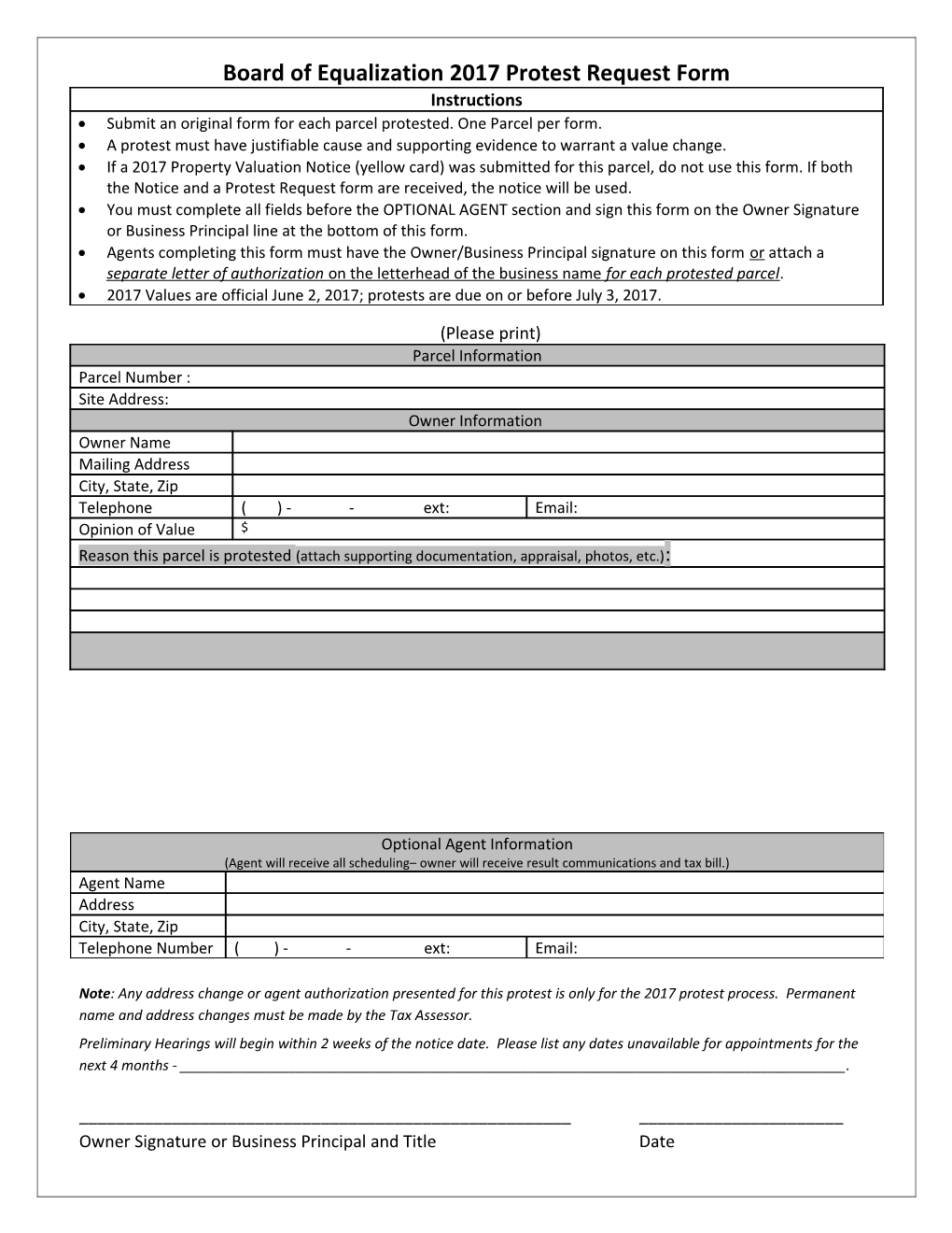 Board of Equalization 2017 Protest Request Form