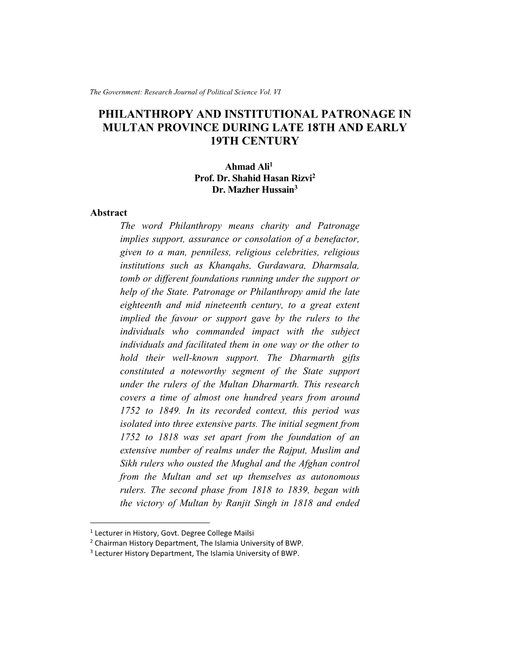 Philanthropy and Institutional Patronage in Multan Province During Late 18Th and Early 19Th Century