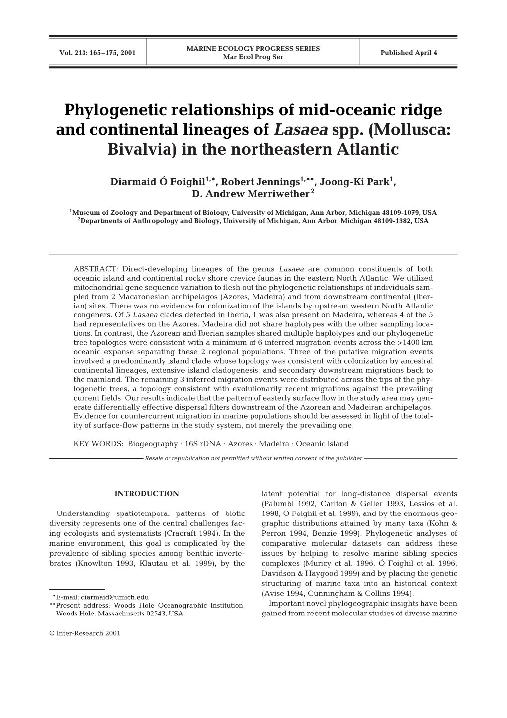 Phylogenetic Relationships of Mid-Oceanic Ridge and Continental Lineages of Lasaea Spp