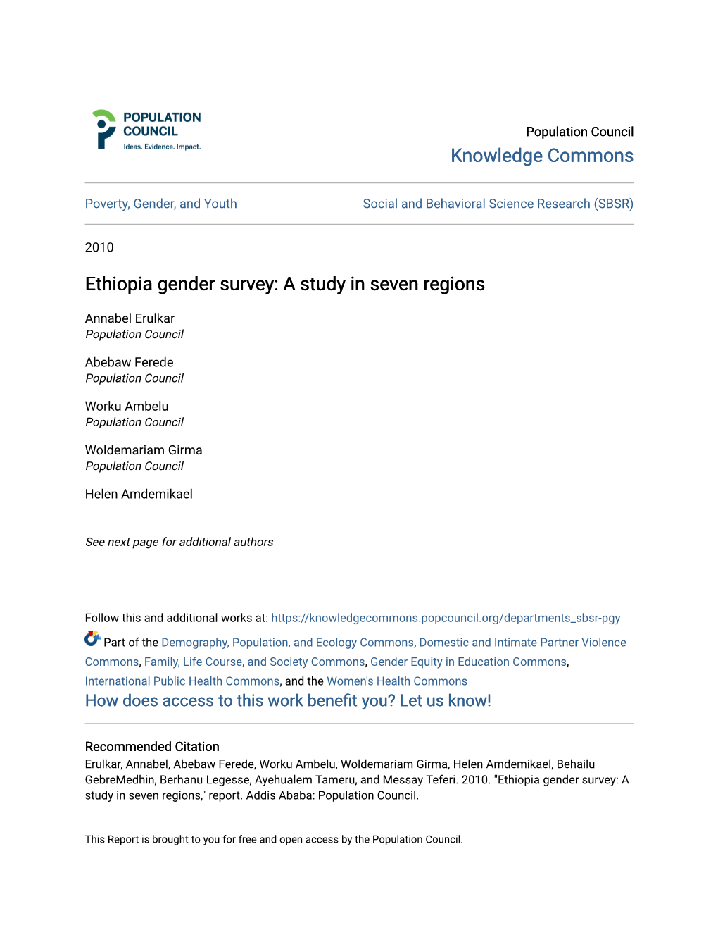 Ethiopia Gender Survey: a Study in Seven Regions