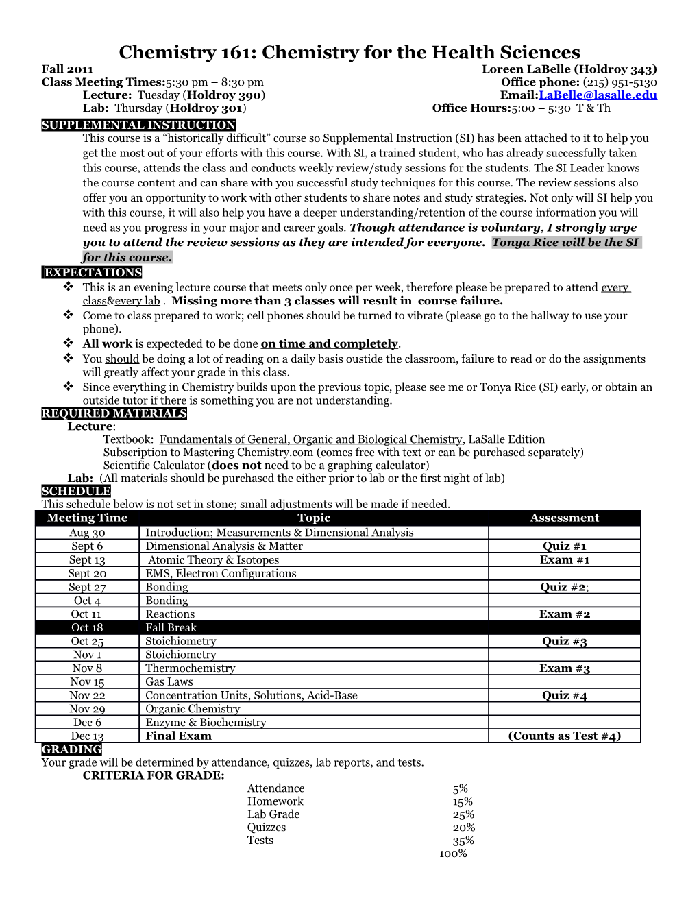 Chemistry 161: Chemistry for the Health Sciences