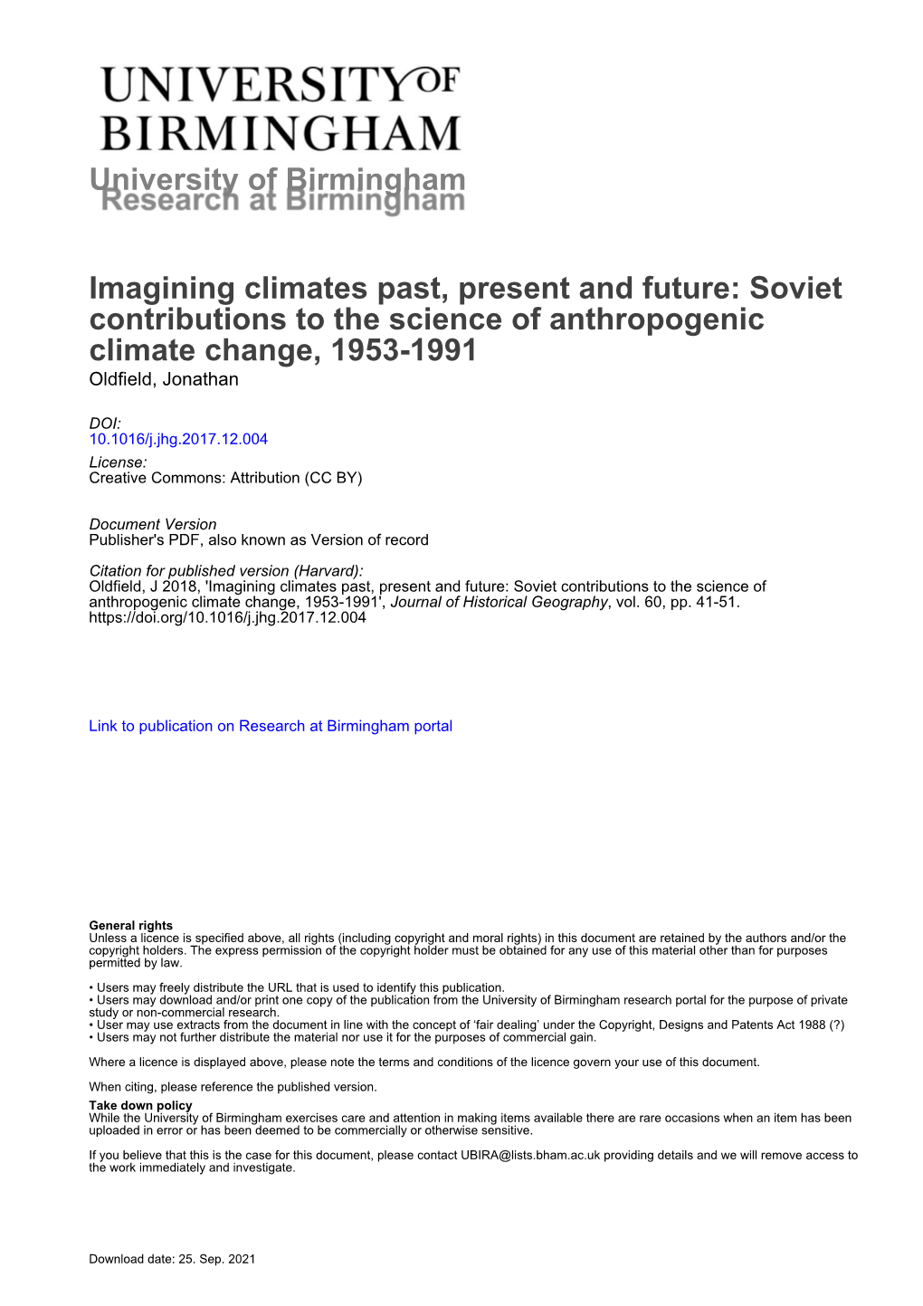 Soviet Contributions to the Science of Anthropogenic Climate Change, 1953-1991 Oldfield, Jonathan