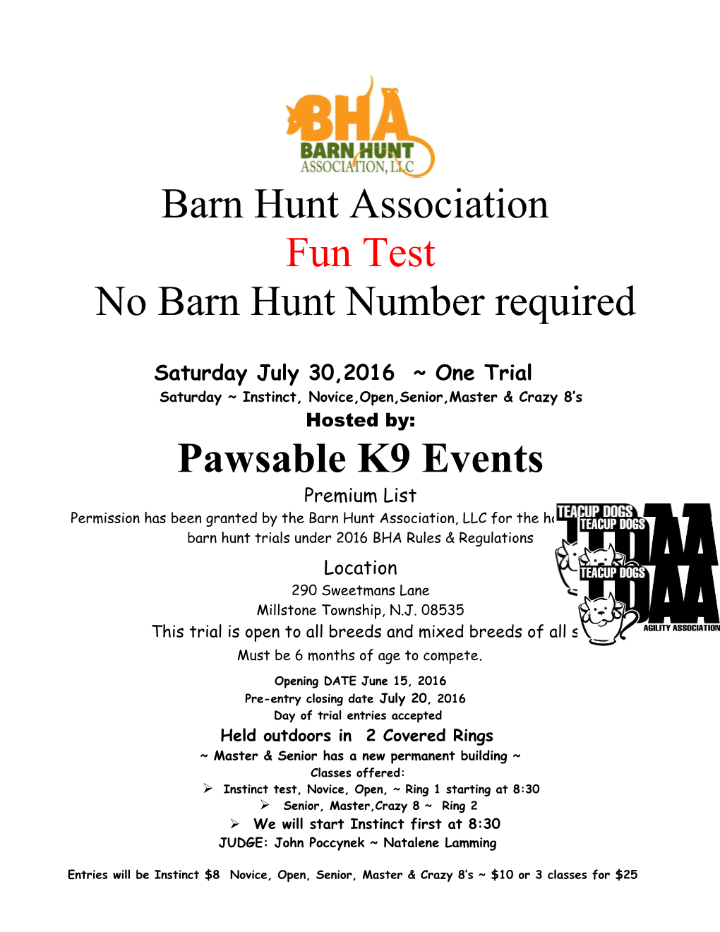 No Barn Hunt Number Required