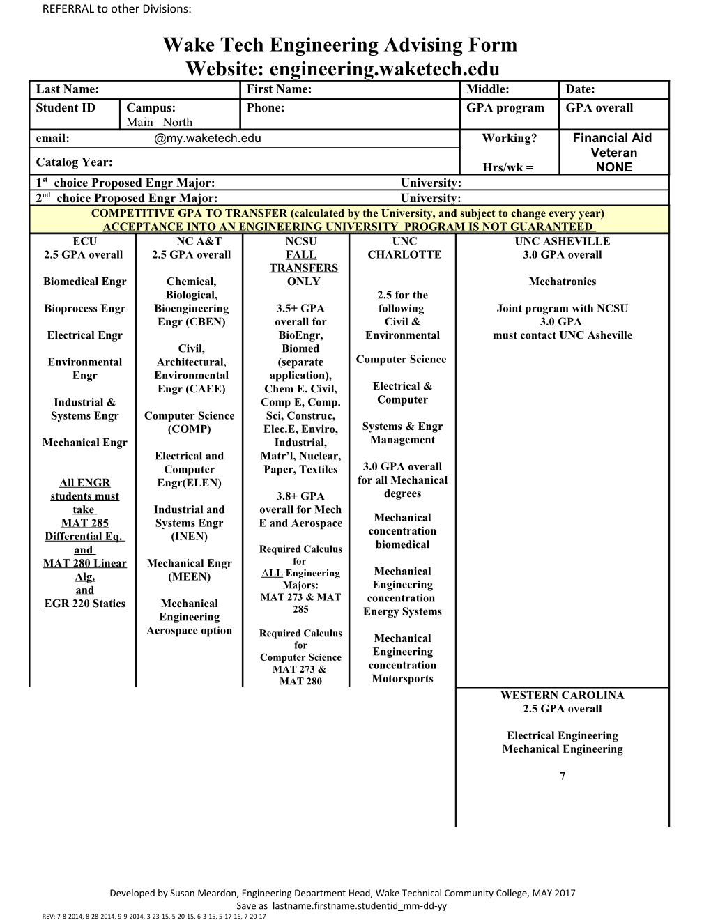 Wake Tech Engineering Advising Form Website: Engineering.Waketech.Edu