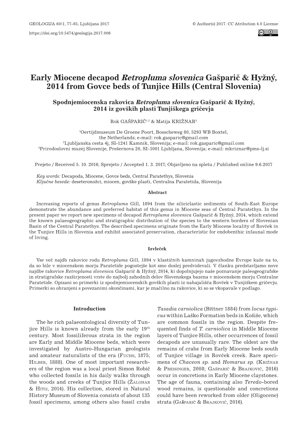 Early Miocene Decapod Retropluma Slovenica Gašparič & Hyžný, 2014 from Govce Beds of Tunjice Hills (Central Slovenia)