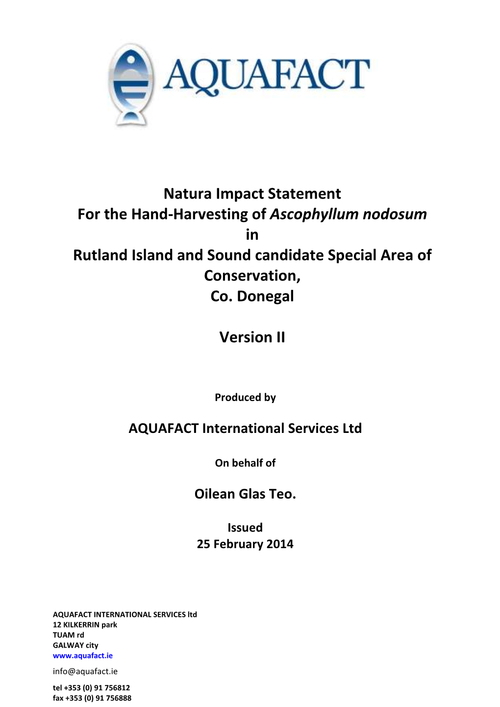 Natura Impact Statement for the Hand-Harvesting of Ascophyllum Nodosum in Rutland Island and Sound Candidate Special Area of Conservation, Co