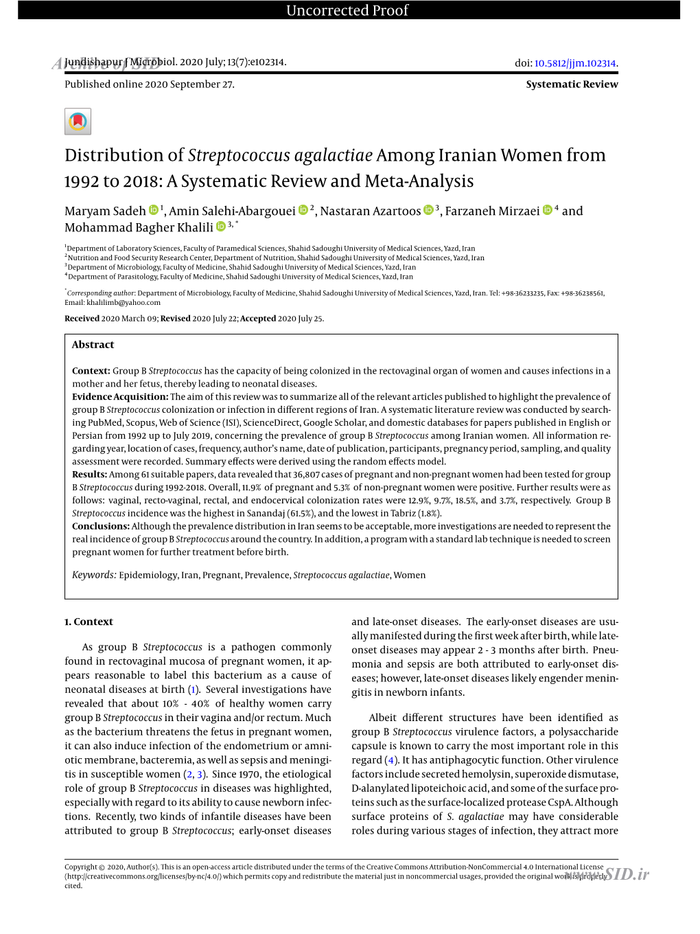 Streptococcus Agalactiae Among Iranian Women from 1992 to 2018: a Systematic Review and Meta-Analysis