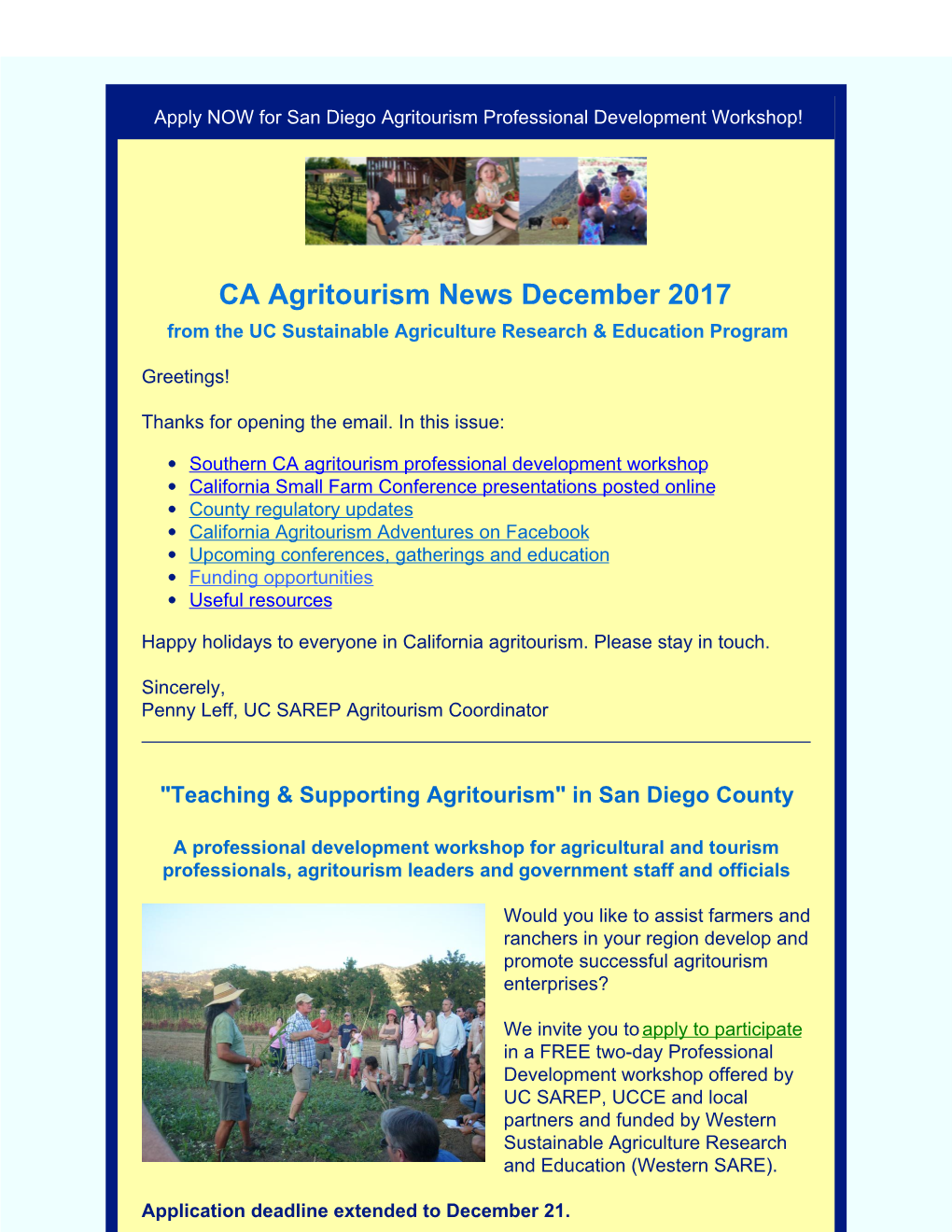 CA Agritourism News December 2017 from the UC Sustainable Agriculture Research & Education Program