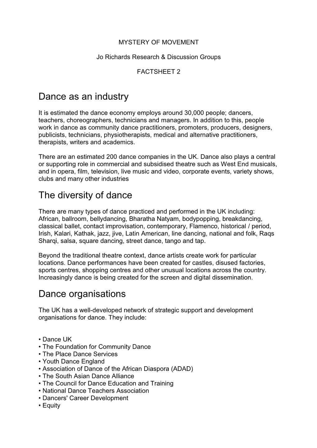 Dance As an Industry