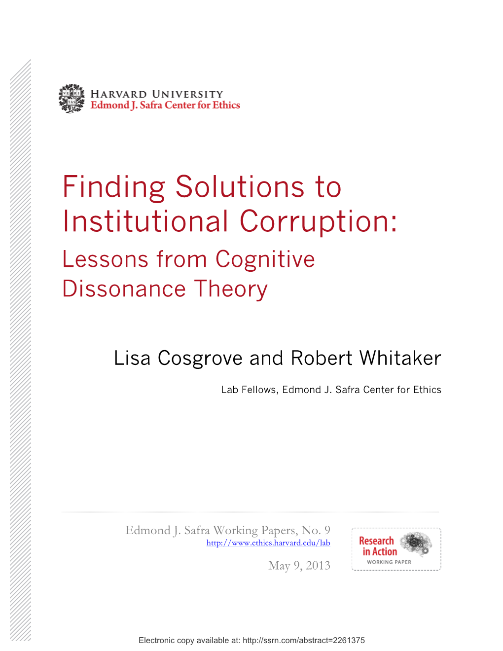 Finding Solutions to Institutional Corruption: Lessons from Cognitive Dissonance Theory by Lisa Cosgrove and Robert Whitaker Edmond J