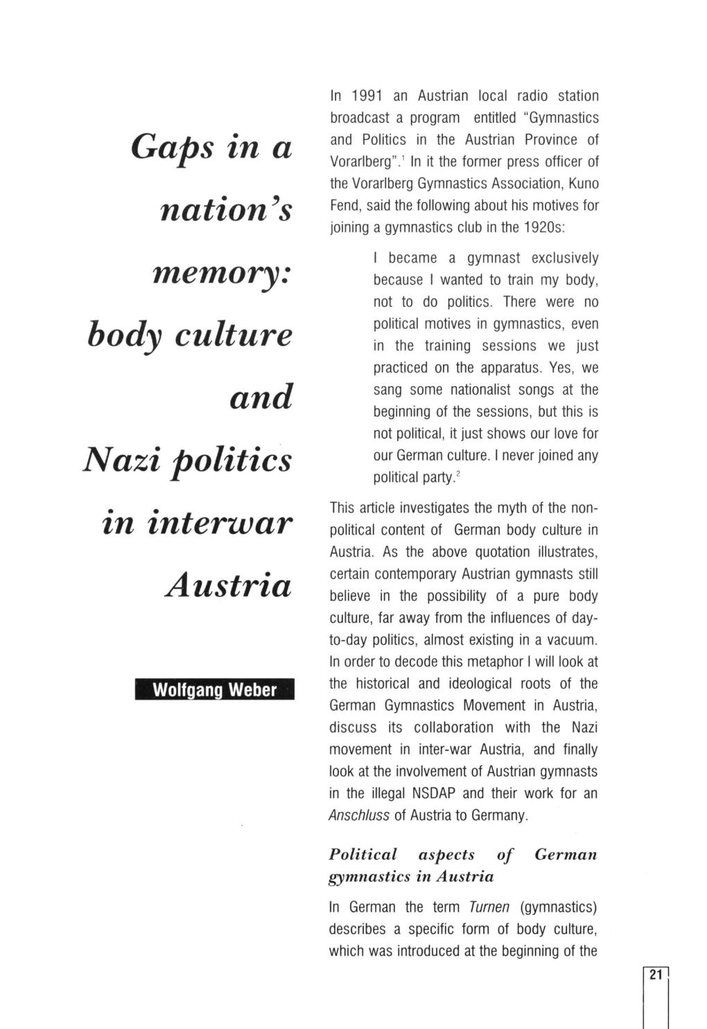 S Memory: Body Culture and Nazi Politics in Interwar Austria