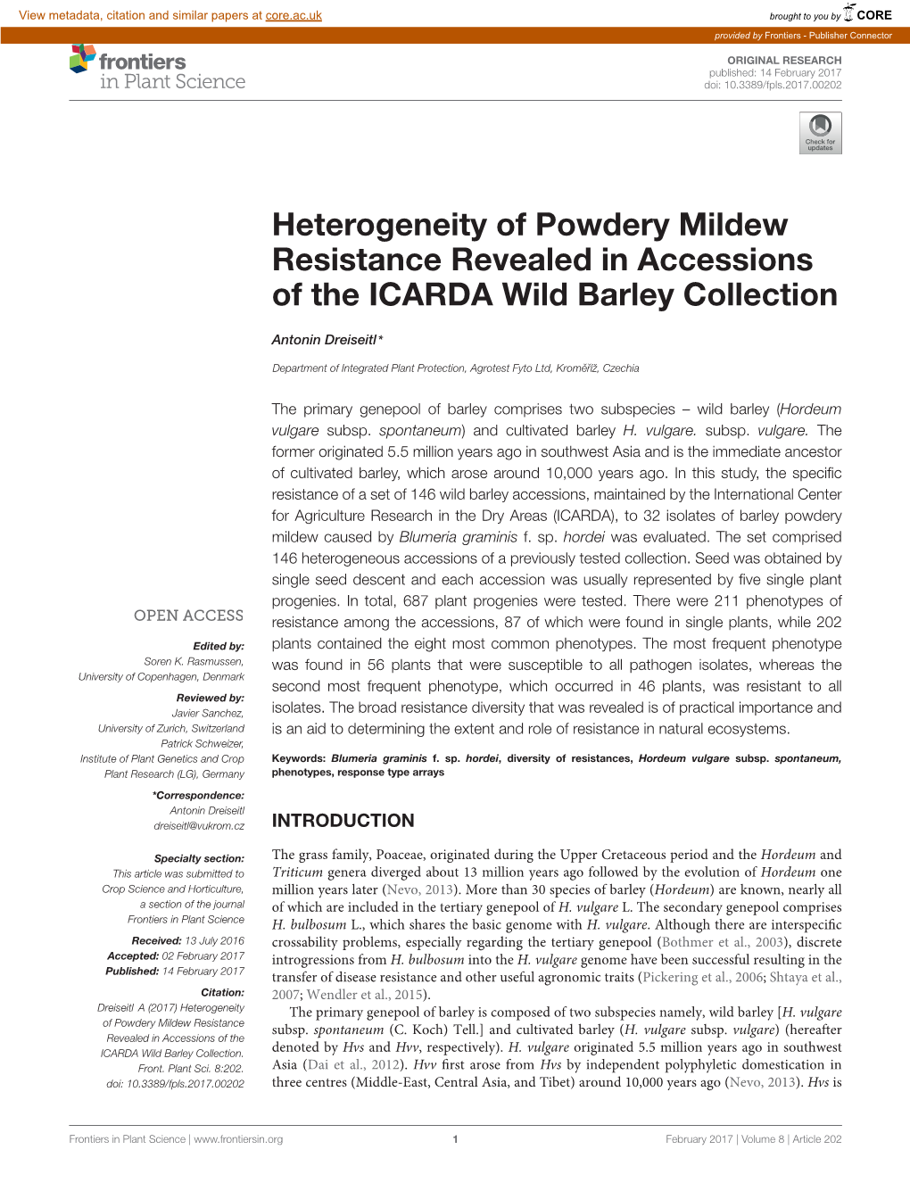 Heterogeneity of Powdery Mildew Resistance Revealed in Accessions of the ICARDA Wild Barley Collection