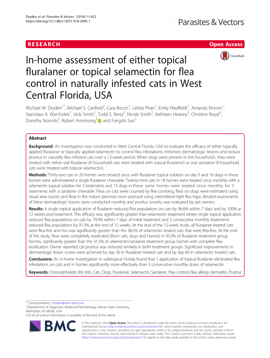 In-Home Assessment of Either Topical Fluralaner Or Topical Selamectin for Flea Control in Naturally Infested Cats in West Central Florida, USA Michael W