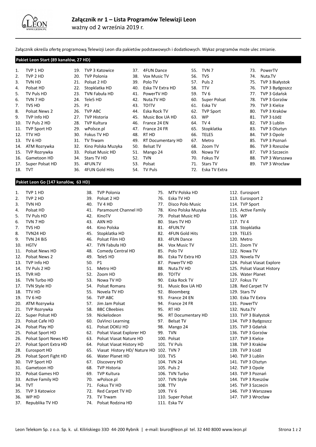 Lista Programów Telewizji Leon Ważny Od 2 Września 2019 R