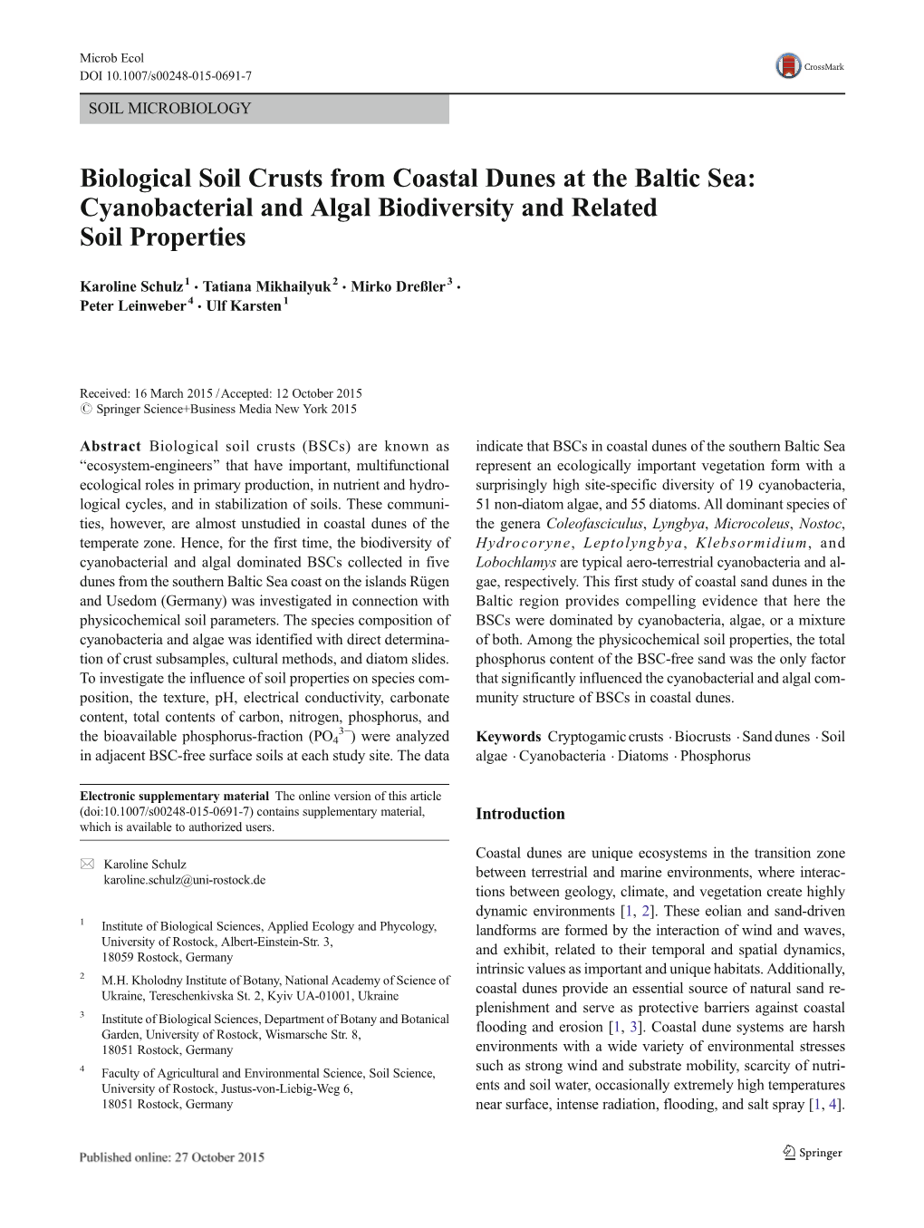 Biological Soil Crusts from Coastal Dunes at the Baltic Sea: Cyanobacterial and Algal Biodiversity and Related Soil Properties