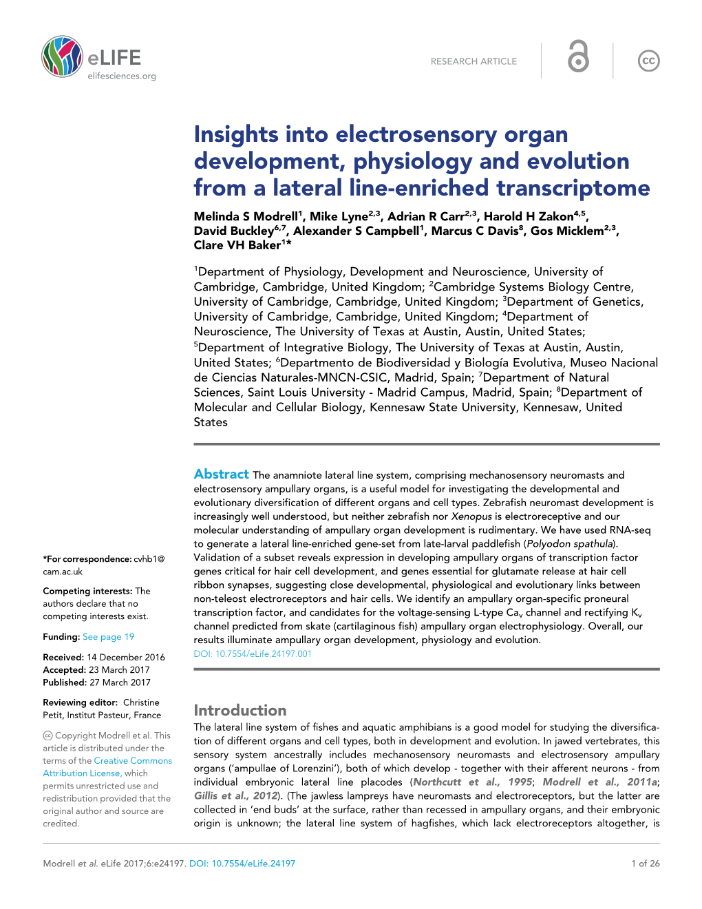 Insights Into Electrosensory Organ Development, Physiology And