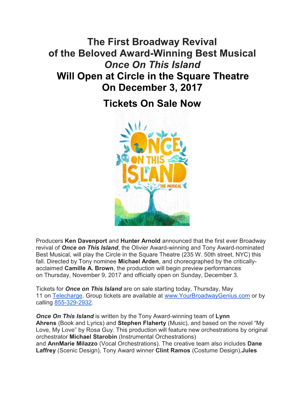 The First Broadway Revival of the Beloved Award-Winning Best Musical Once on This Island Will Open at Circle in the Square Theatre on December 3, 2017