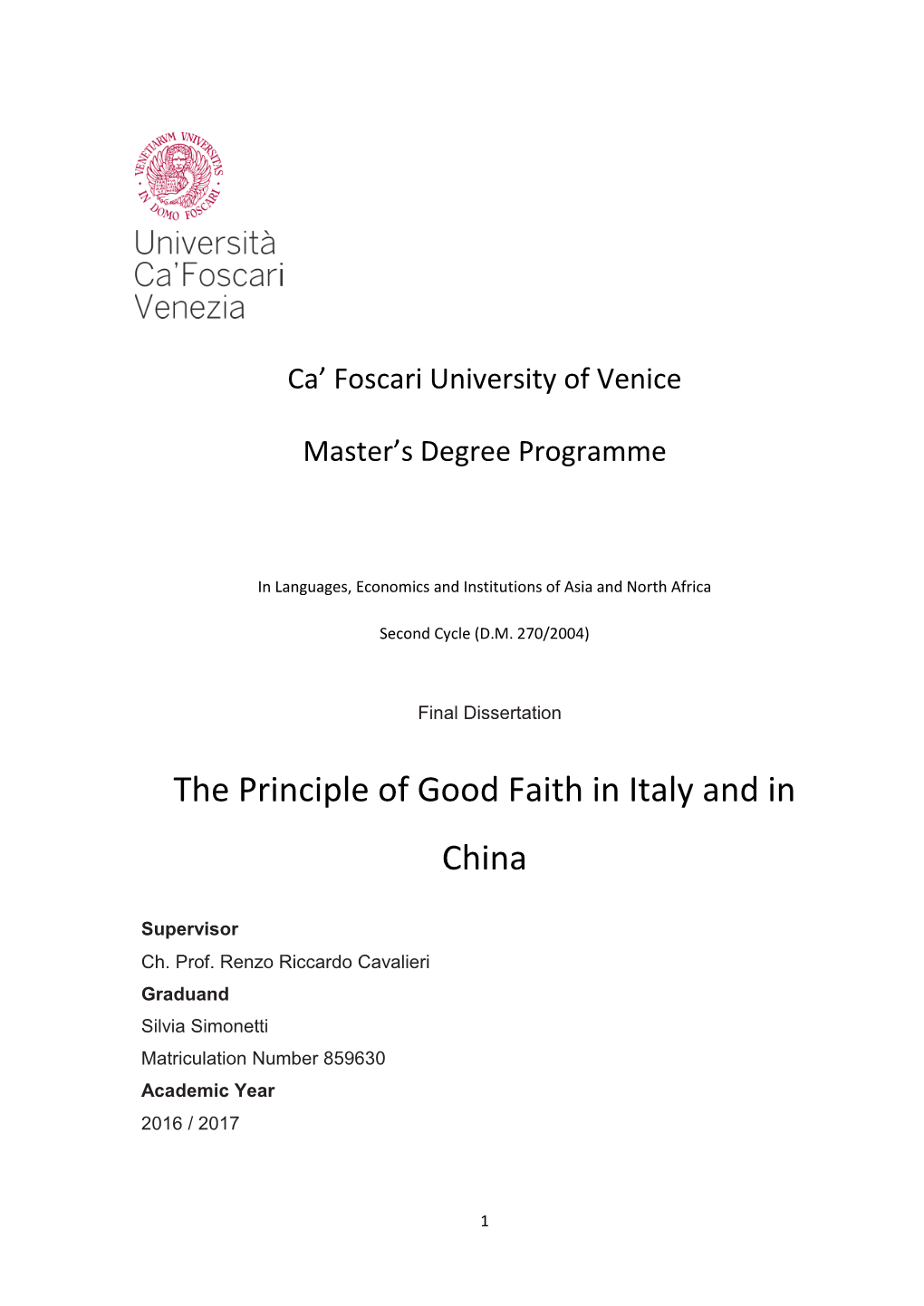 The Principle of Good Faith in Italy and in China