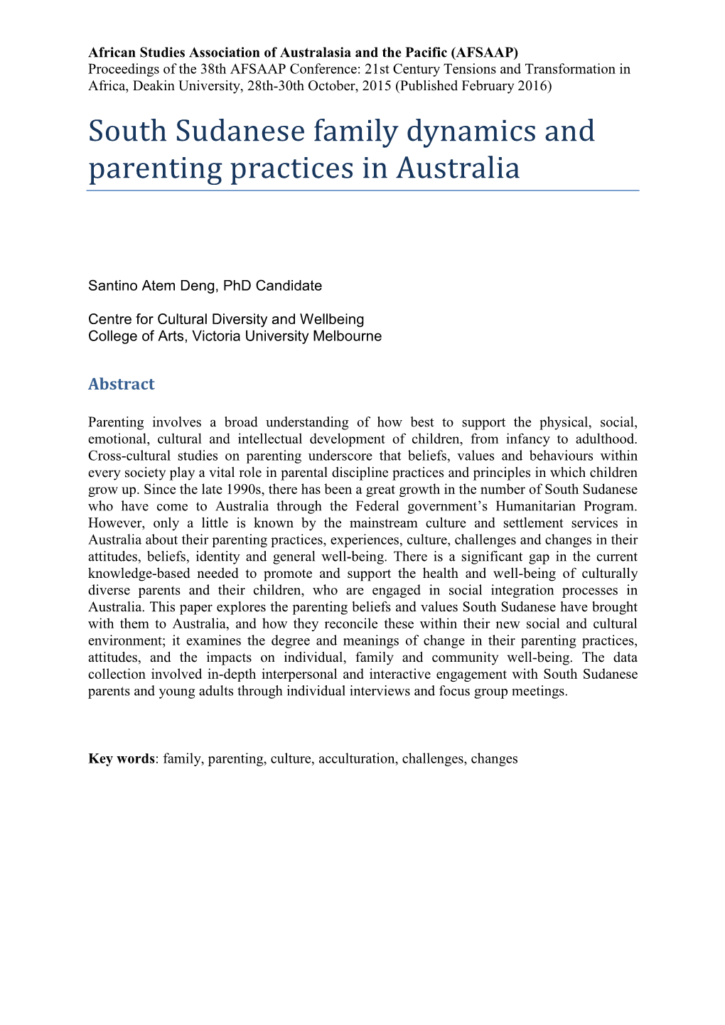 South Sudanese Family Dynamics and Parenting Practices in Australia