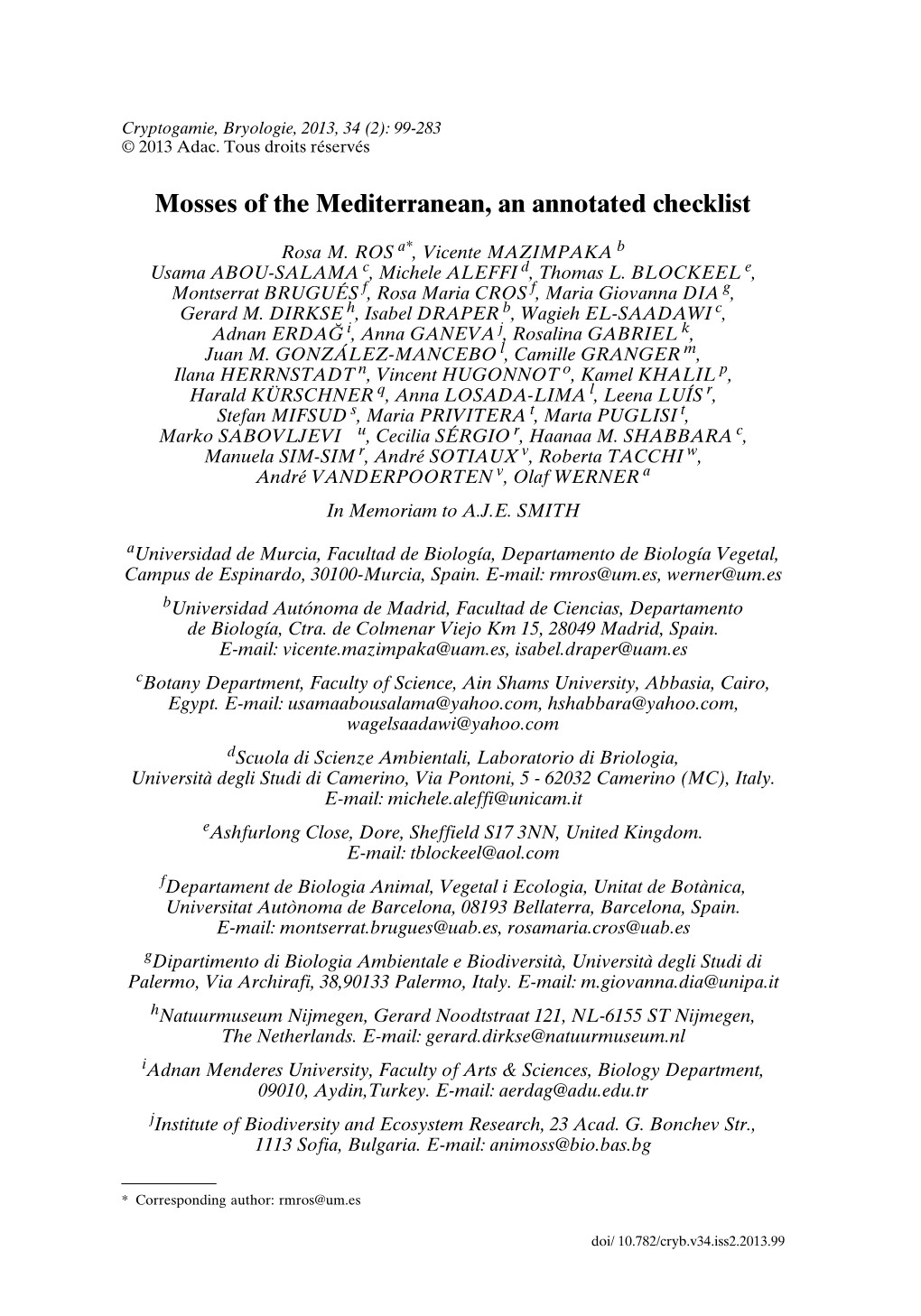 Mosses of the Mediterranean, an Annotated Checklist