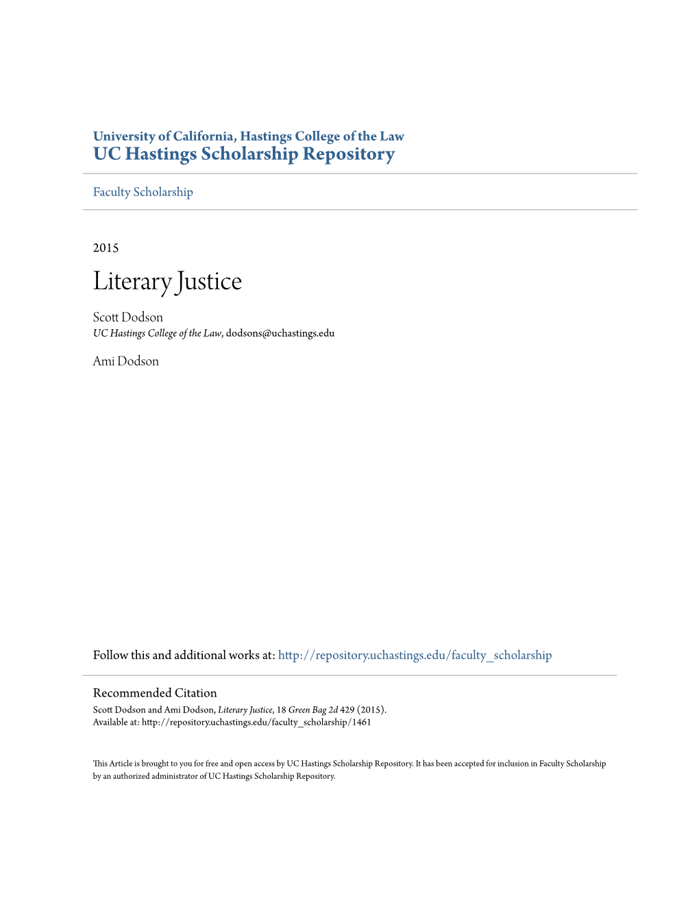 Literary Justice Scott Od Dson UC Hastings College of the Law, Dodsons@Uchastings.Edu