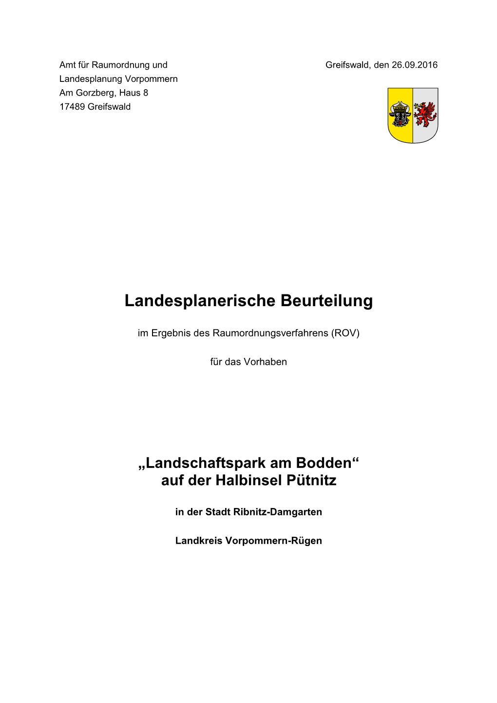 Landesplanerische Beurteilung „Landschaftspark Am Bodden“