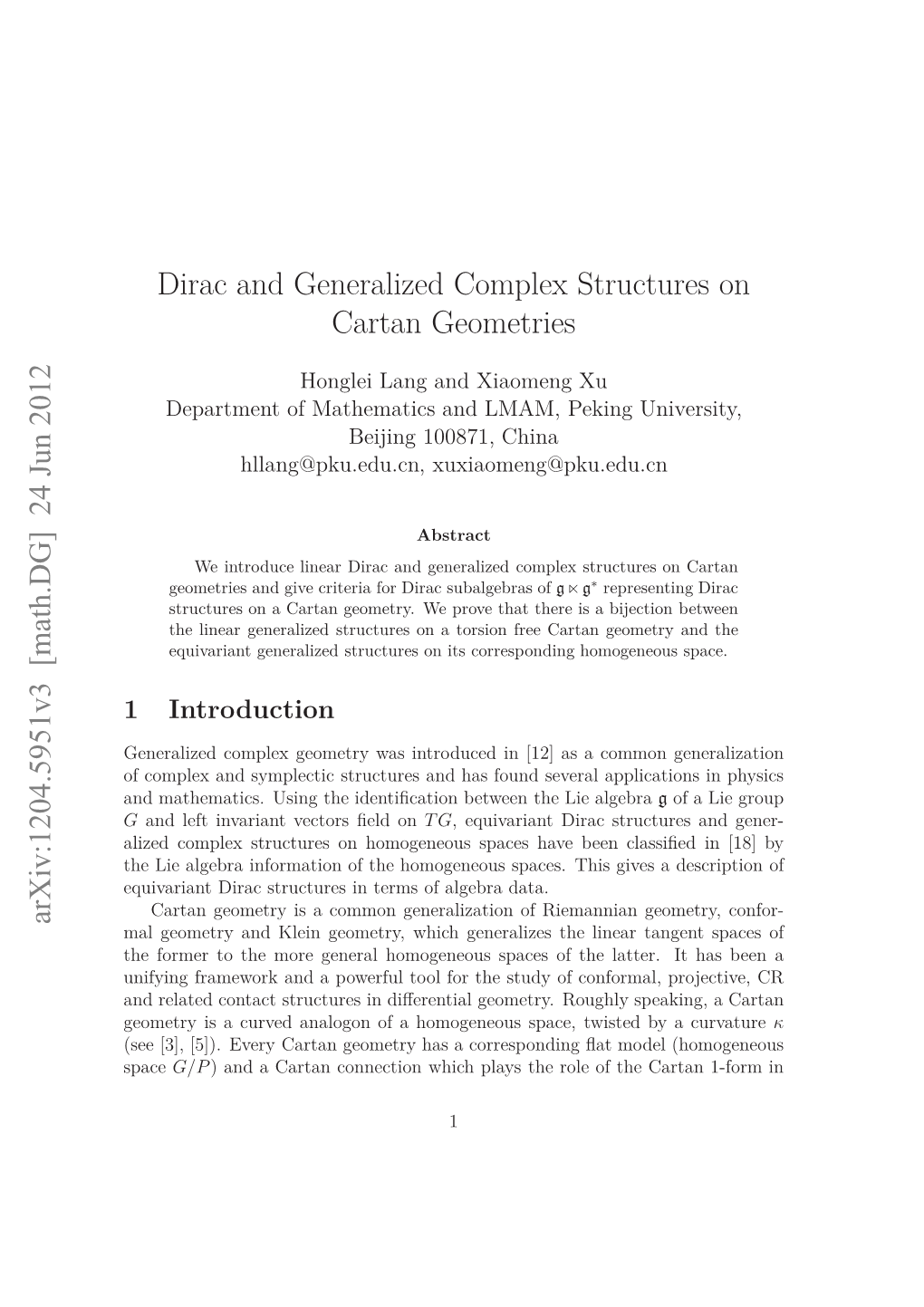 Dirac and Generalized Complex Structures on Cartan Geometries