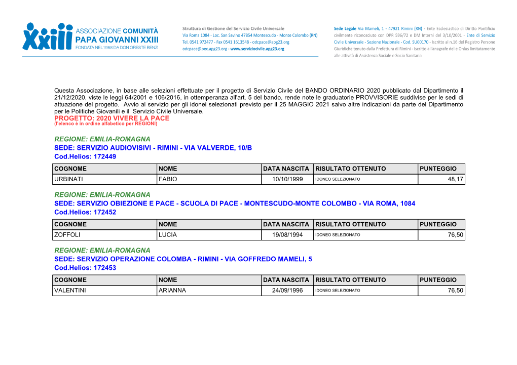 Progetto: 2020 Vivere La Pace Regione: Emilia-Romagna